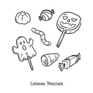 Coloring page of several Halloween lollipops and candies
