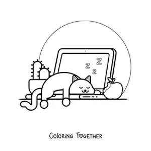 Coloring page of a kawaii cat sleeping on a laptop