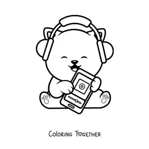 Coloring page of a kawaii cat listening to music on the smartphone
