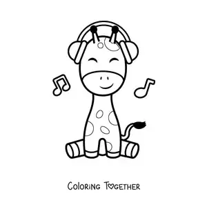 Coloring page of a kawaii giraffe sitting and listening to music with headphones