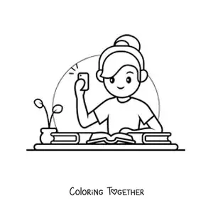 Coloring page of a kawaii girl taking a photo of her notes with the phone