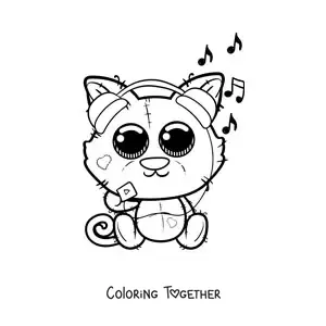 Coloring page of a kawaii cat listening to music on a portable player