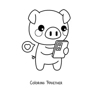 Coloring page of a kawaii piglet chatting on its phone