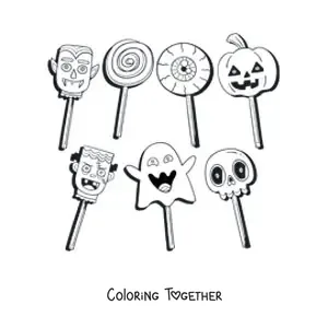 Coloring page of several lollipops shaped like monsters and Halloween symbols