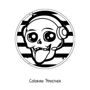Coloring page of a cartoon skull listening to music