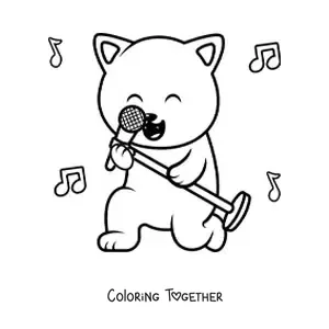 Coloring page of a cartoon cat singing with a microphone