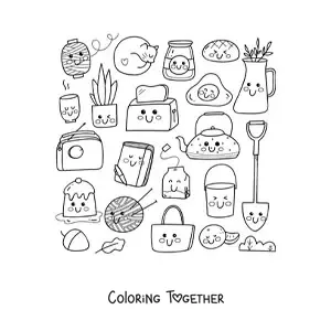 Coloring page of kawaii breakfast and household things