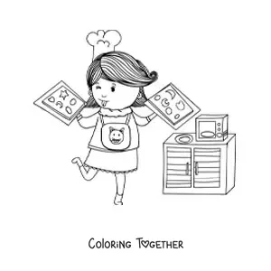 Coloring page of a girl baking cookies, holding two trays