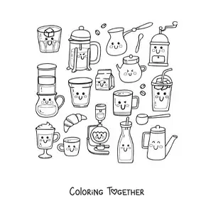 Coloring page of kawaii coffee and cafe food