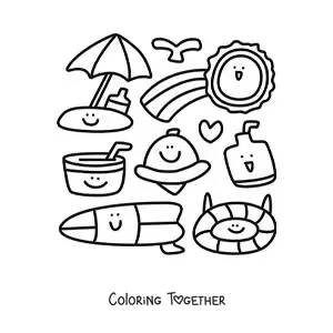 Coloring page of kawaii beach things