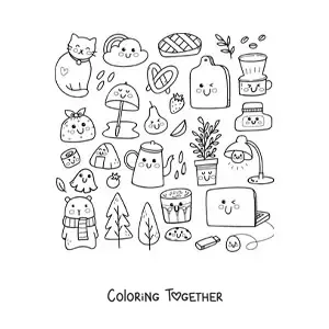 Coloring page of a kawaii cat and household things