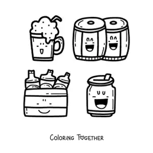 Coloring page of kawaii beer and barrels