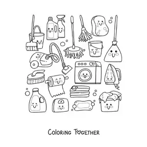 Coloring page of kawaii cleaning things