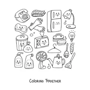 Coloring page of kawaii household cleaning objects