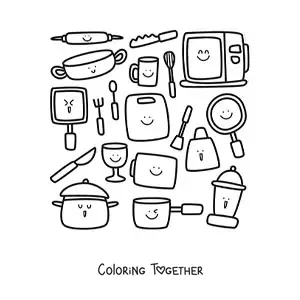 Coloring page of kawaii kitchen utensils