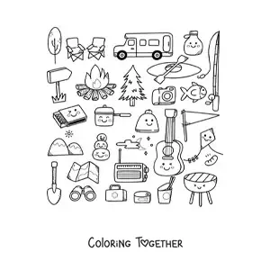Coloring page of kawaii camping things
