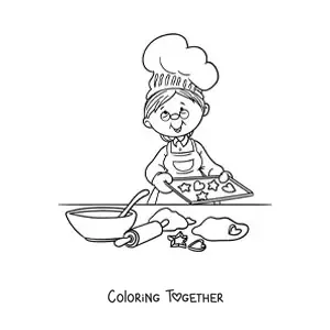 Coloring page of a grandmother making cookies with the ingredients on the table