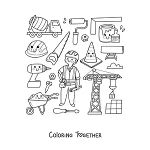Coloring page of a kawaii worker and construction items