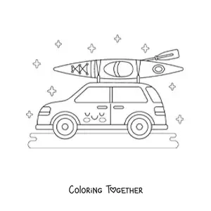 Coloring page of a kawaii car out for a ride