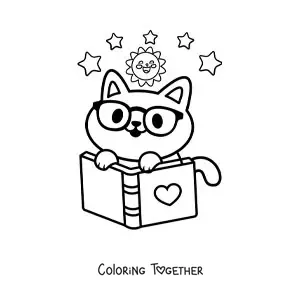 Coloring page of a kawaii cat with an open book