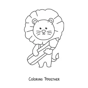 Coloring page of a kawaii lion with a pencil