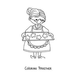 Coloring page of a grandmother with a tray of star-shaped cookies