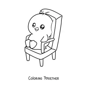 Coloring page of a cartoon kawaii chick sitting on a chair
