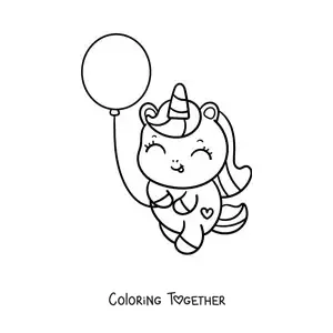 Coloring page of a kawaii unicorn with a balloon