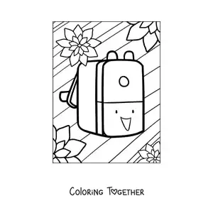 Coloring page of a kawaii school backpack with flowers