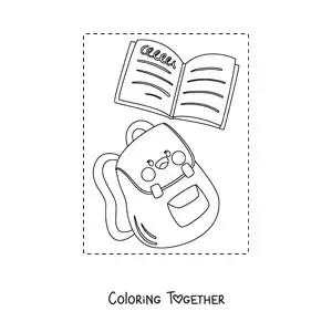 Coloring page of a kawaii school backpack with a notebook