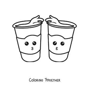 Coloring page of cartoon kawaii coffee cups
