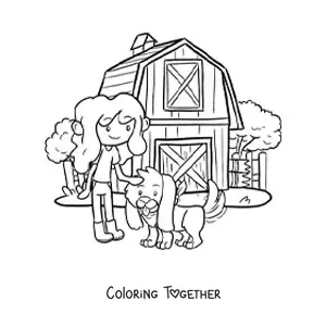 Coloring page of a farmer woman with a cartoon dog on the kawaii farm