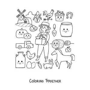 Coloring page of a cartoon kawaii farmer woman and things