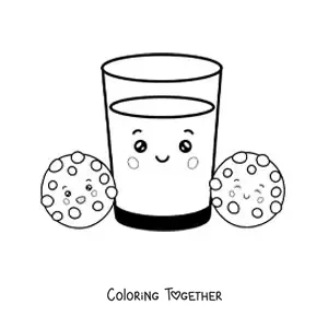 Coloring page of a kawaii glass of milk and two cookies on either side