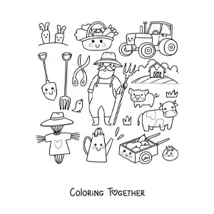 Coloring page of a cartoon kawaii farmer man and things