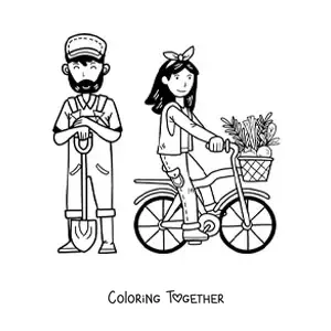 Coloring page of a kawaii farmer couple