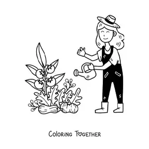 Coloring page of a kawaii farmer woman watering a tomato plant