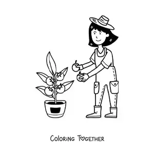 Coloring page of a kawaii farmer woman harvesting tomatoes