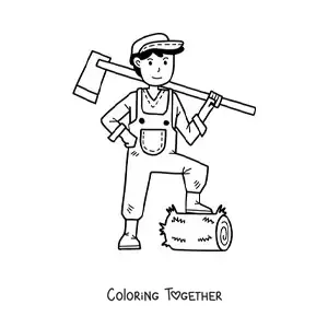 Coloring page of a kawaii farmer man chopping firewood
