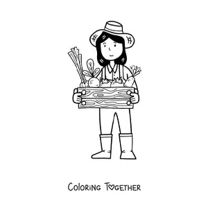 Coloring page of a kawaii farmer woman with harvested vegetables in a box