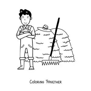 Coloring page of a kawaii farmer man with a rake next to a haystack