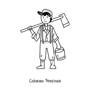 Coloring page of a kawaii farmer boy with a bucket and a shovel