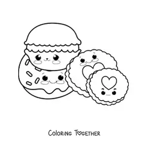 Coloring page of two kawaii filled cookies and two with a heart in the center