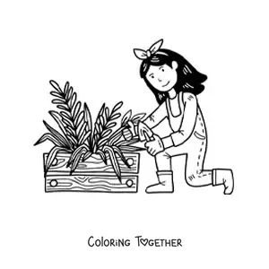 Coloring page of a kawaii farmer girl planting