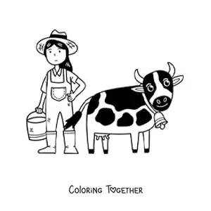 Coloring page of a kawaii farmer girl milking a cow