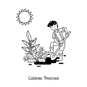 Coloring page of a kawaii farmer boy planting tomatoes under the sun