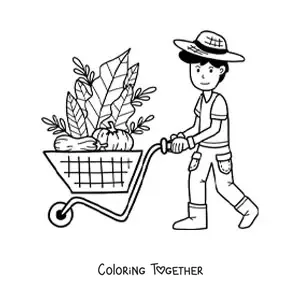 Coloring page of a kawaii farmer boy pulling a cart with harvested vegetables