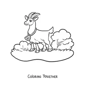 Coloring page of a kawaii goat with a bell