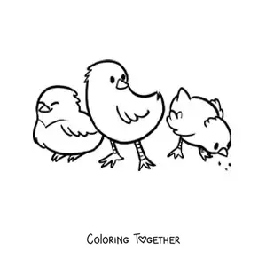 Coloring page of 3 kawaii chicks eating
