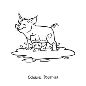 Coloring page of a kawaii pig playing in the mud